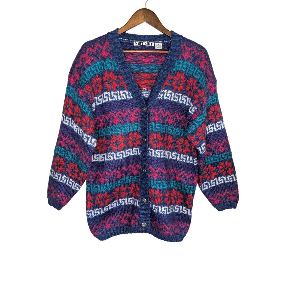 Vtg 80s Knit Knit Womens Mohair Blend Fair Isle Cardigan Sweater Medium Nordic